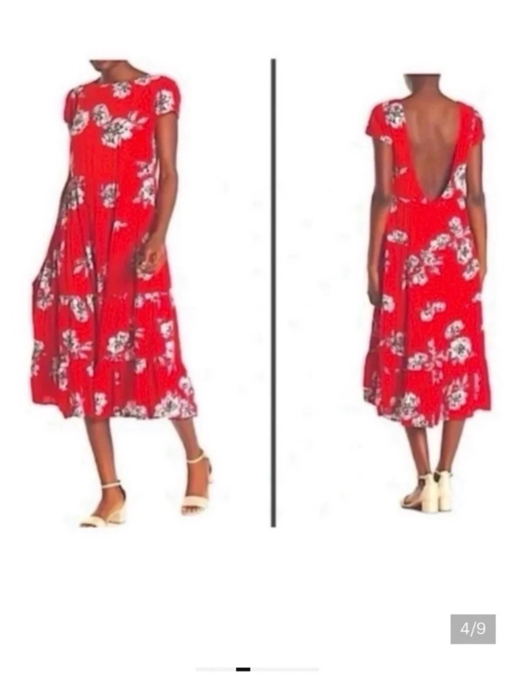 FREE PEOPLE Red Floral Print Midi Tiered Dress Size Medium!